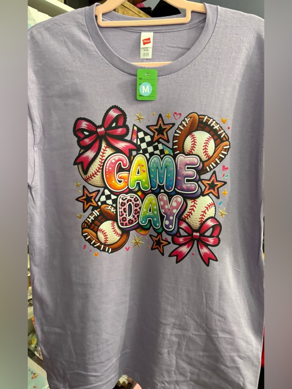 NEW GAME DAY Lavender Graphic Tee with Baseball Design size Medium